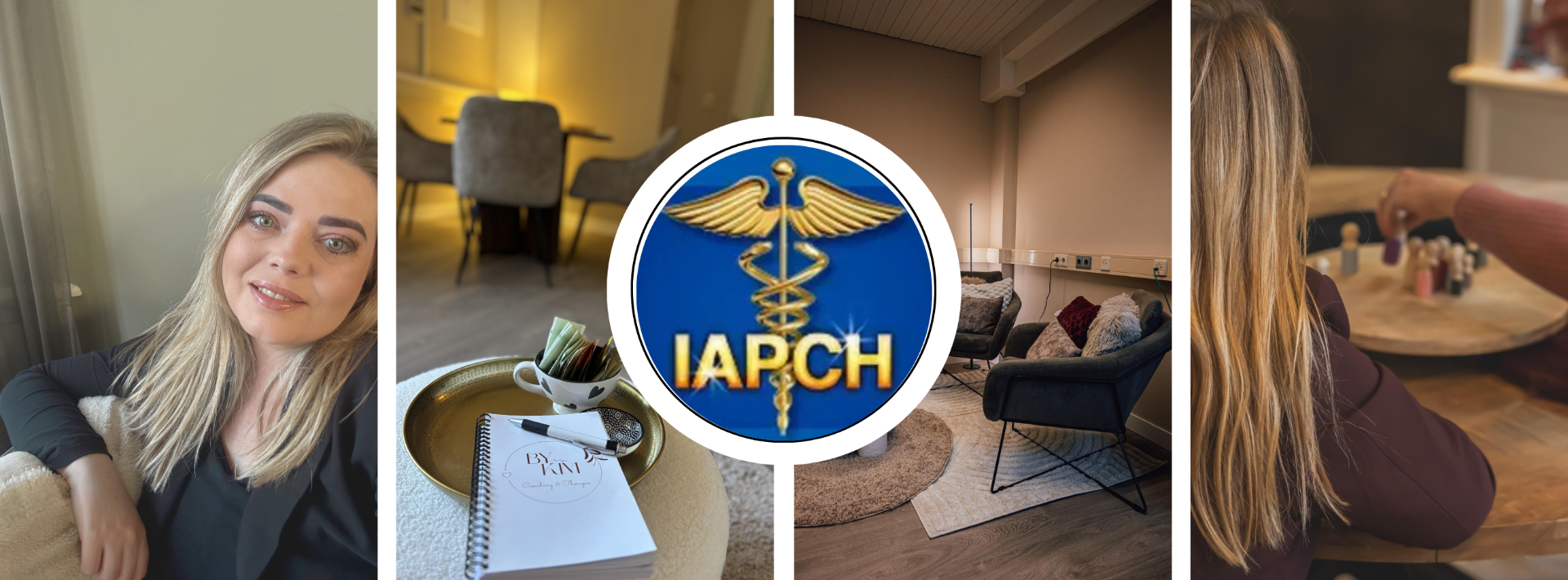 Collage met drie interieurfoto’s en een vrouw, met centraal een blauwe IAPCH-embleem met caduceus.