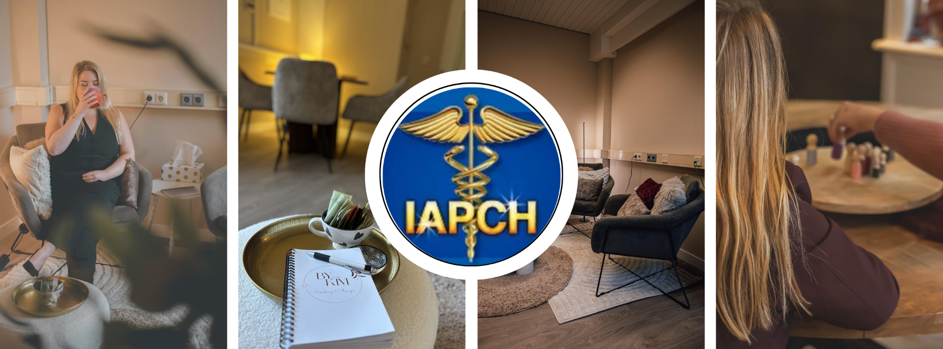 Collage met drie interieurfoto’s en een vrouw, met centraal een blauwe IAPCH-embleem met caduceus.